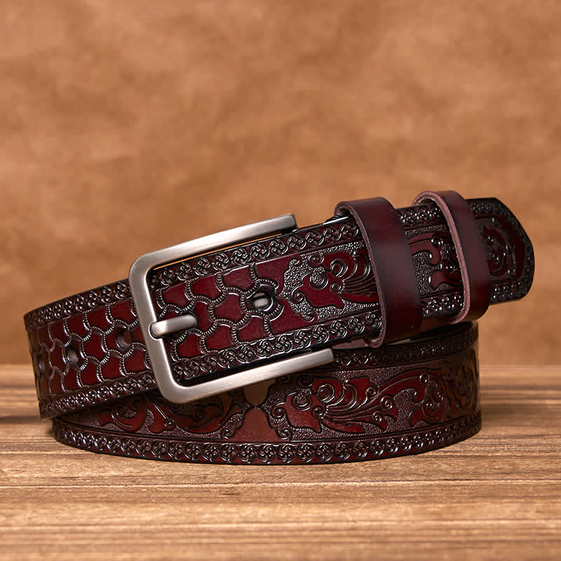 Men's Luxury Flower Embossed Pattern Leather Belt - Coffee - 44 - image 0