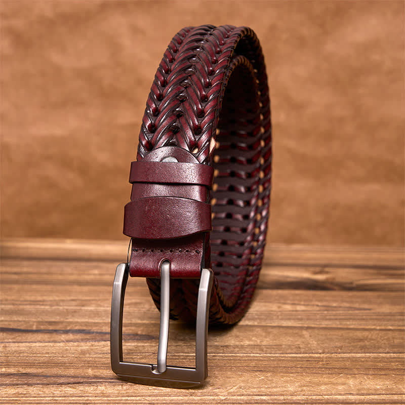 Men's Casual Handwoven Braided Leather Belt - Burgundy - 44 - image 15