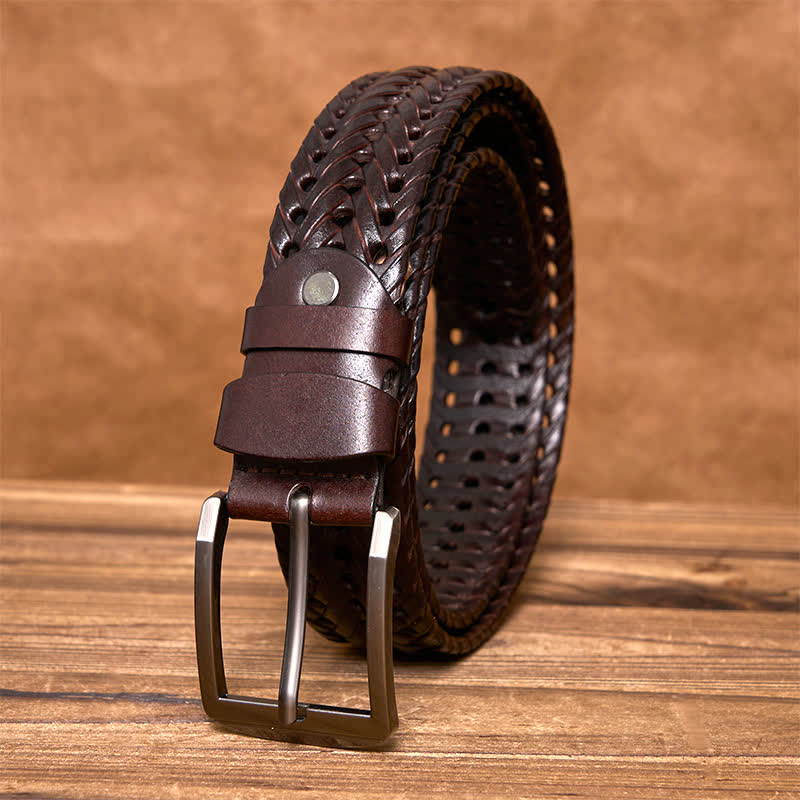 Men's Casual Handwoven Braided Leather Belt - Dark Coffee - 44 - image 10