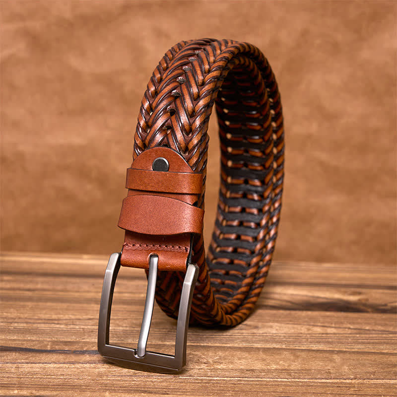 Men's Casual Handwoven Braided Leather Belt - Brown - 44 - image 0