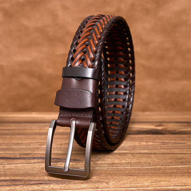 Men's Casual Handwoven Braided Leather Belt - Brown & Coffee - 44 - image 20
