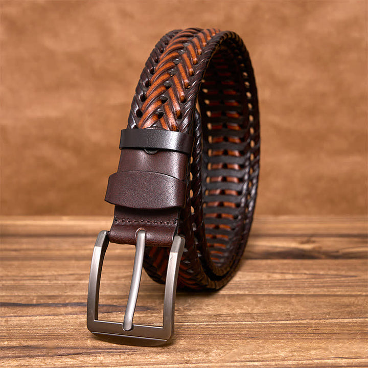 Men's Casual Handwoven Braided Leather Belt - Brown & Coffee - 44 - image 20