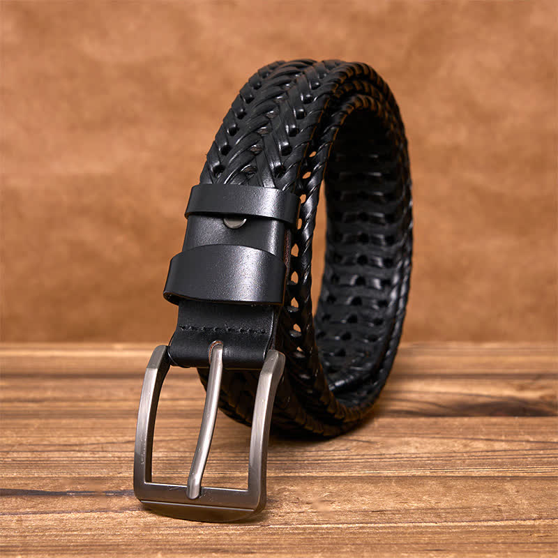Men's Casual Handwoven Braided Leather Belt - Black - 44 - image 6
