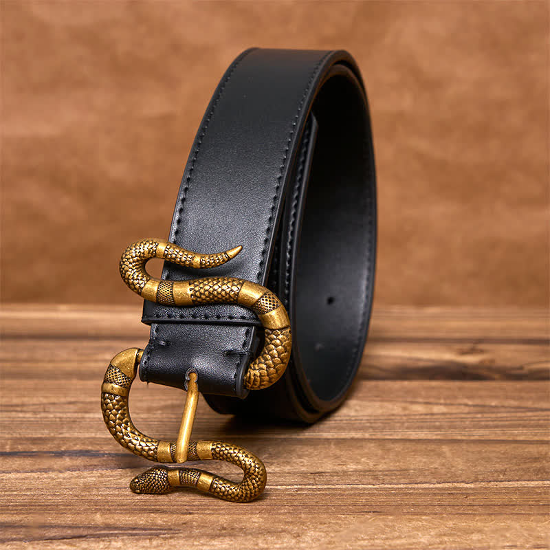Men's Punk Bronze Serpent Buckle Streetwear Leather Belt - Black - 44 - image 1
