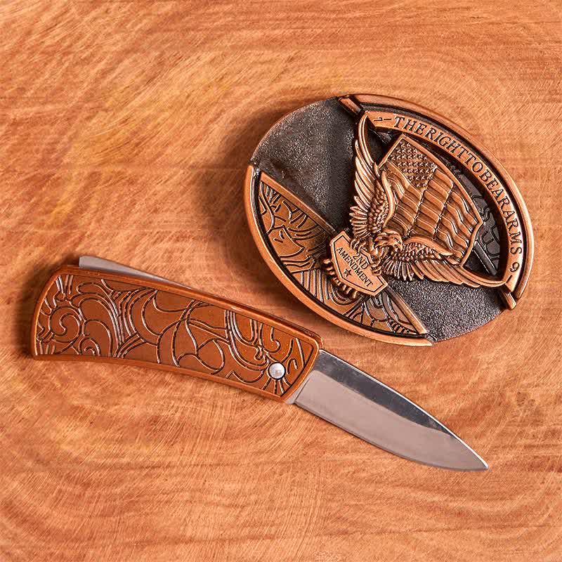 Men's DIY Red Bronze Eagle USA Flag Hidden Folding Knife Leather Belt - image 2