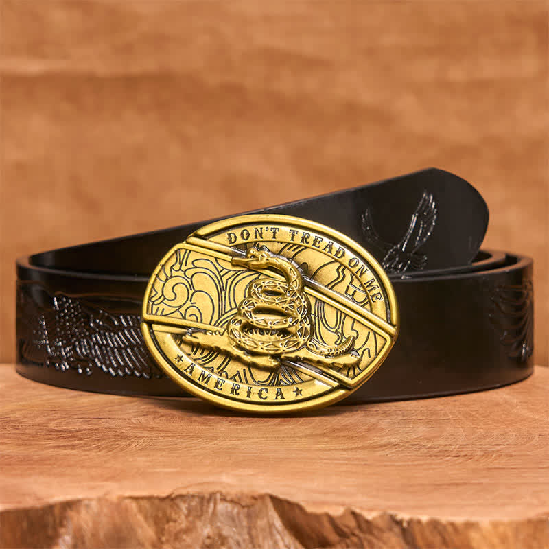 Men's DIY Bronze Snake Hidden Folding Knife Leather Belt - Snake - Black Embossed Eagle Belt - 42 - image 7