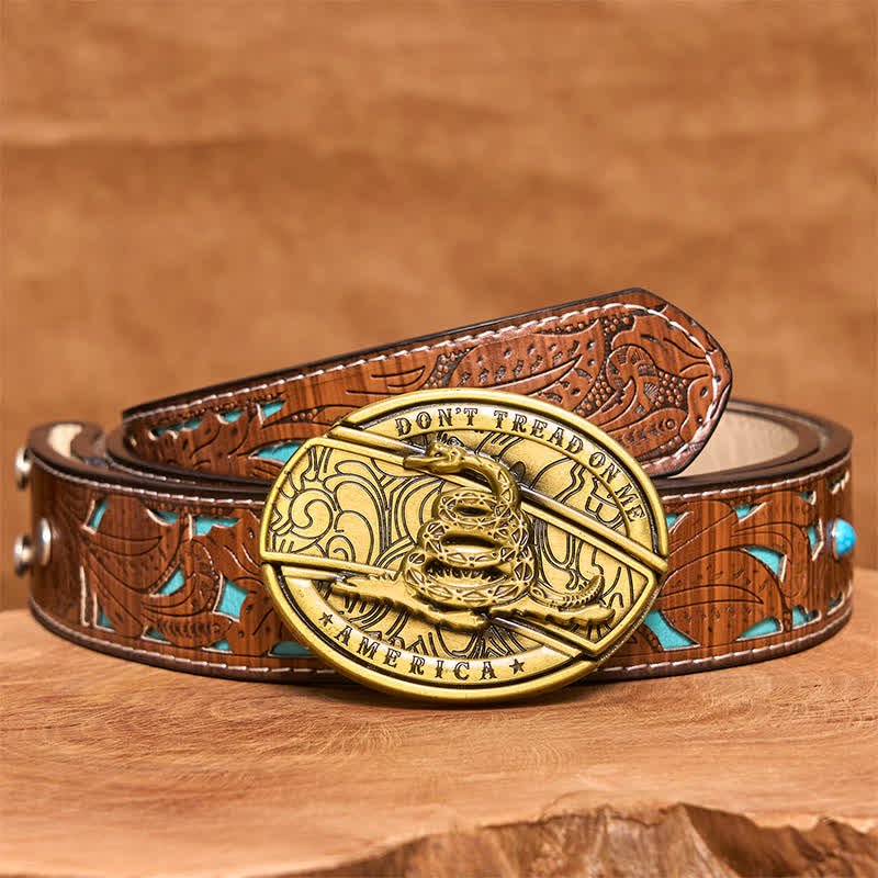 Men's DIY Bronze Snake Hidden Folding Knife Leather Belt - Snake - Turquoise Carved Belt - 42 - image 6