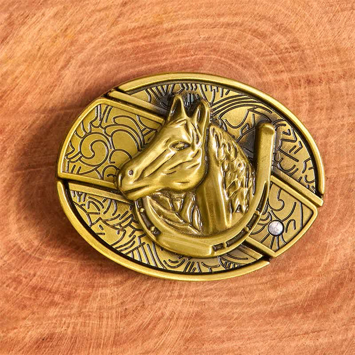 Men's DIY Bronze Horse Head Hidden Folding Knife Leather Belt - image 3