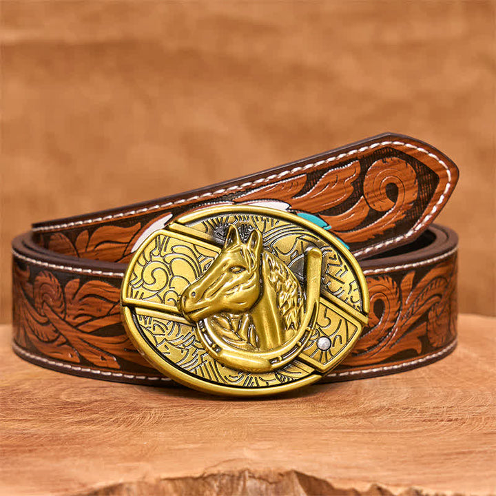 Men's DIY Bronze Horse Head Hidden Folding Knife Leather Belt - Snake - Brown Feather Belt - 40 - image 9