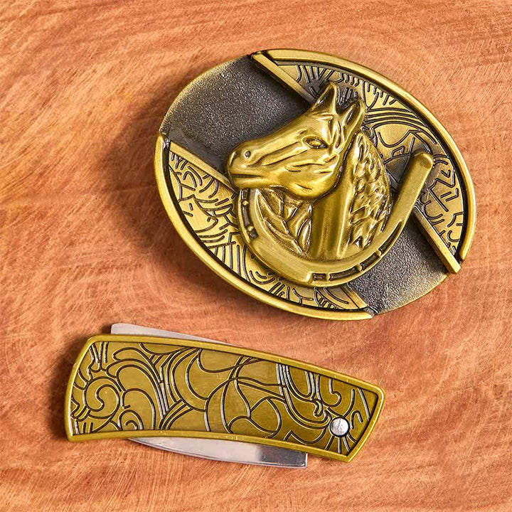Men's DIY Bronze Horse Head Hidden Folding Knife Leather Belt - image 4