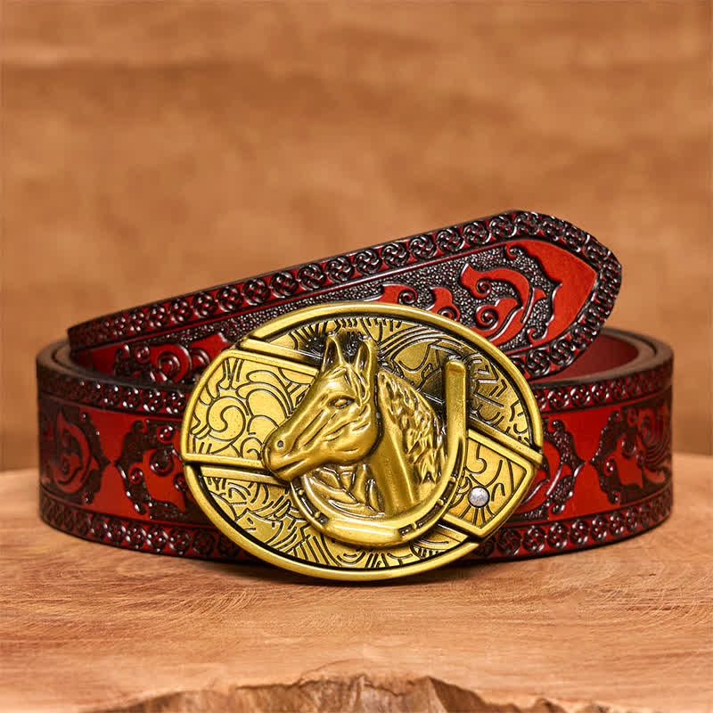Men's DIY Bronze Horse Head Hidden Folding Knife Leather Belt - Snake - Brown Carved Belt - 42 - image 7