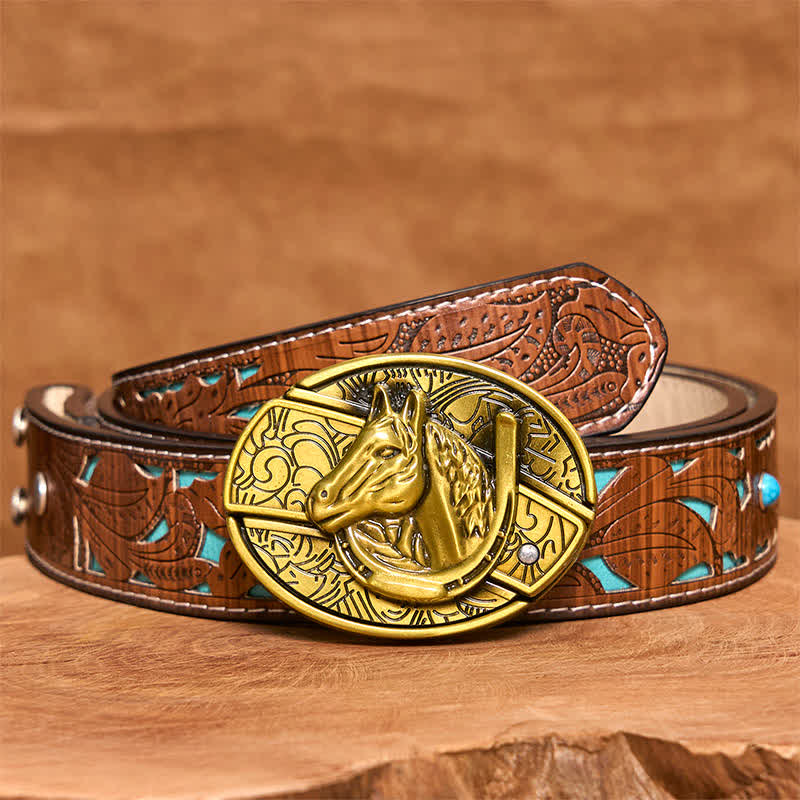 Men's DIY Bronze Horse Head Hidden Folding Knife Leather Belt - Snake - Turquoise Carved Belt - 42 - image 6