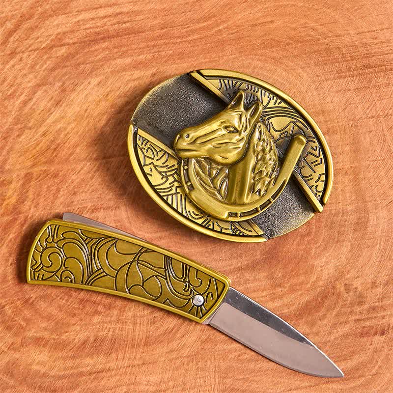 Men's DIY Bronze Horse Head Hidden Folding Knife Leather Belt - image 1