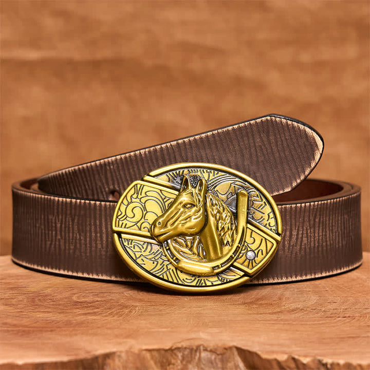 Men's DIY Bronze Horse Head Hidden Folding Knife Leather Belt - Snake - Brown Distressed Belt - 42 - image 9