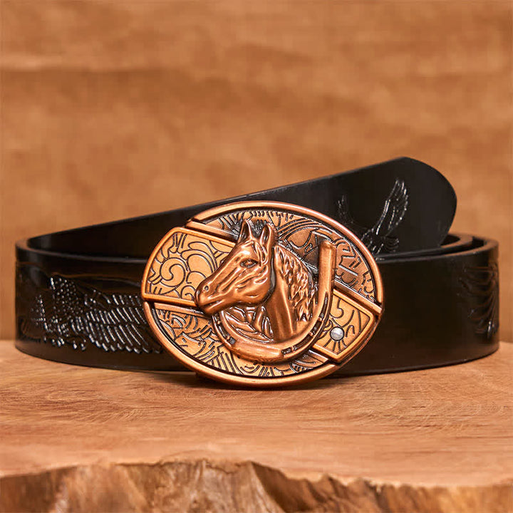 Men's DIY Red Bronze Horse Head Hidden Folding Knife Leather Belt - Snake - Black Embossed Eagle Belt - 42 - image 7