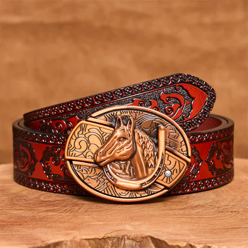 Men's DIY Red Bronze Horse Head Hidden Folding Knife Leather Belt - Snake - Brown Carved Belt - 42 - image 7