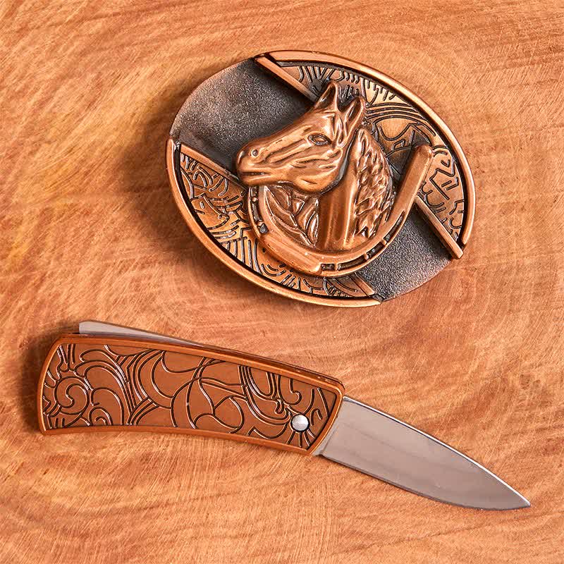 Men's DIY Red Bronze Horse Head Hidden Folding Knife Leather Belt - image 1