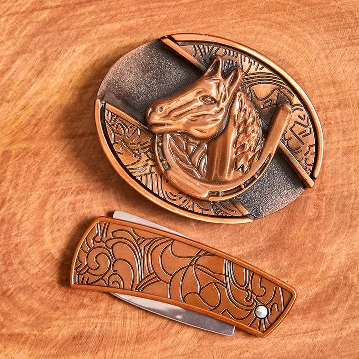 Men's DIY Red Bronze Horse Head Hidden Folding Knife Leather Belt - image 3