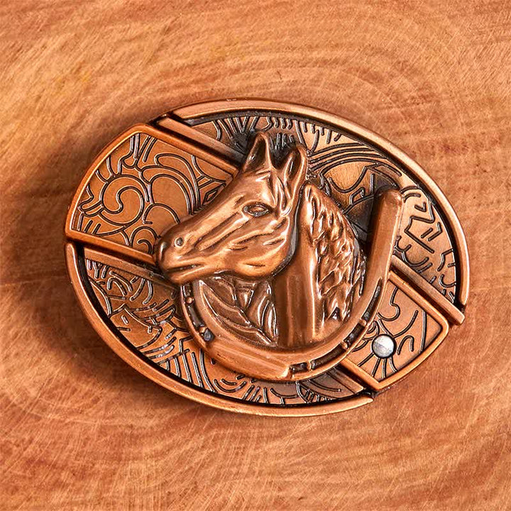 Men's DIY Red Bronze Horse Head Hidden Folding Knife Leather Belt - image 3