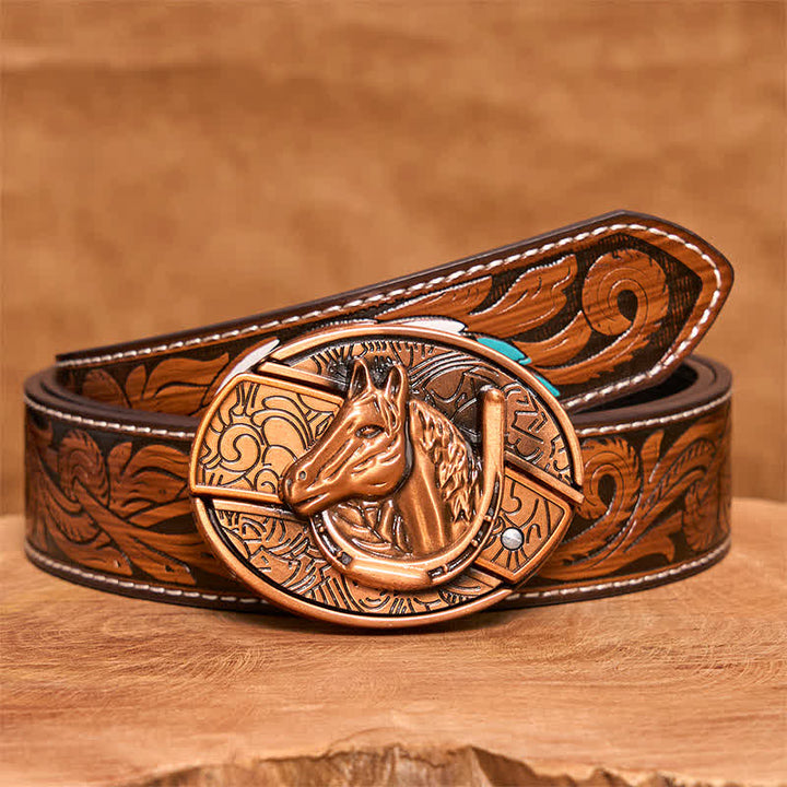 Men's DIY Red Bronze Horse Head Hidden Folding Knife Leather Belt - Snake - Brown Feather Belt - 40 - image 9