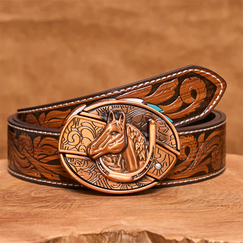Men's DIY Red Bronze Horse Head Hidden Folding Knife Leather Belt - Snake - Brown Feather Belt - 40 - image 10