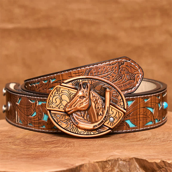 Men's DIY Red Bronze Horse Head Hidden Folding Knife Leather Belt - Snake - Turquoise Carved Belt - 42 - image 5