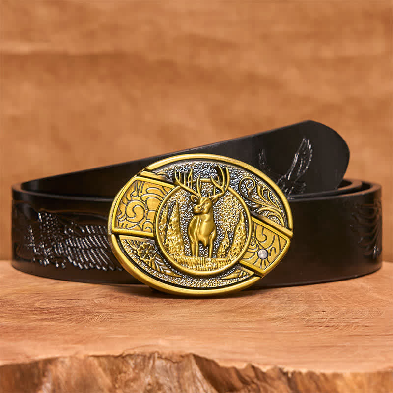 Men's DIY Bronze Forest Deer Hidden Folding Knife Leather Belt - Deer - Black Embossed Eagle Belt - 42 - image 7