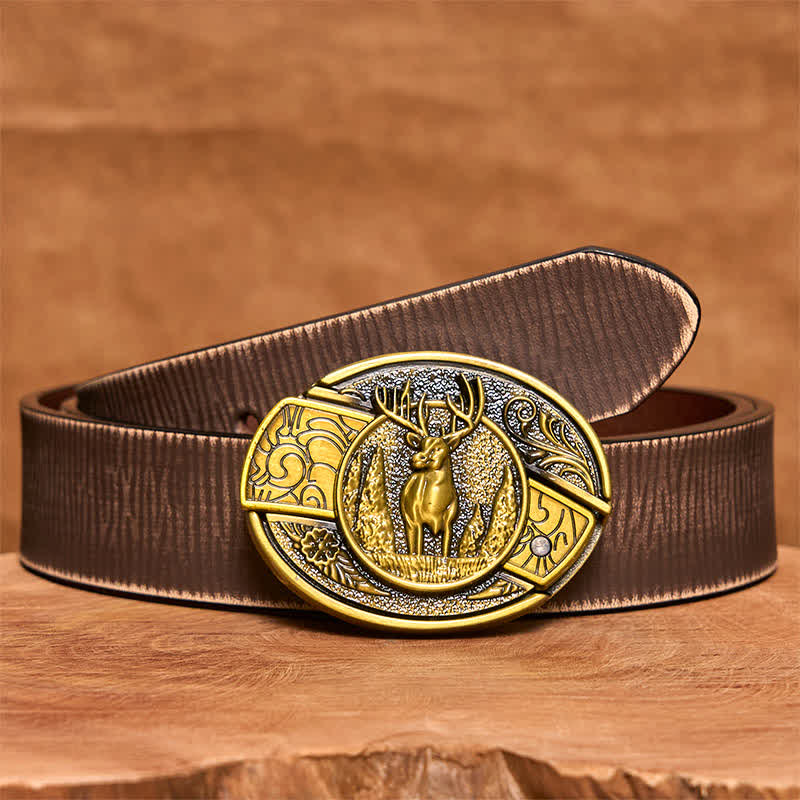 Men's DIY Bronze Forest Deer Hidden Folding Knife Leather Belt - Deer - Brown Distressed Belt - 42 - image 8