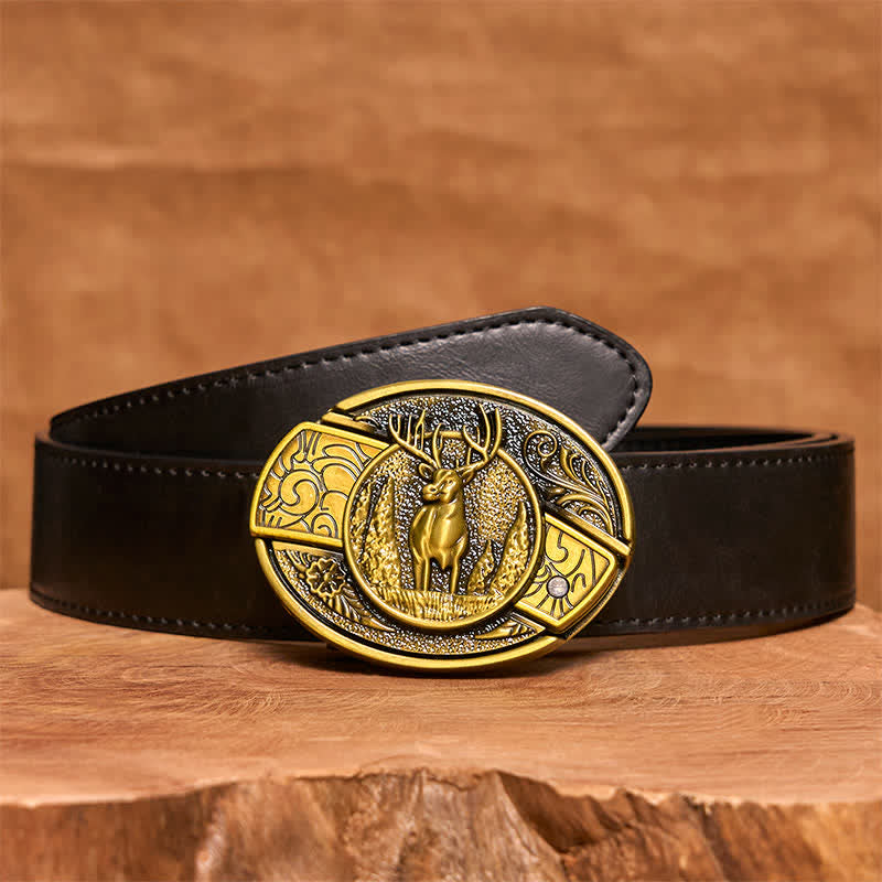Men's DIY Bronze Forest Deer Hidden Folding Knife Leather Belt - Deer - Black PU Belt - 42 - image 4