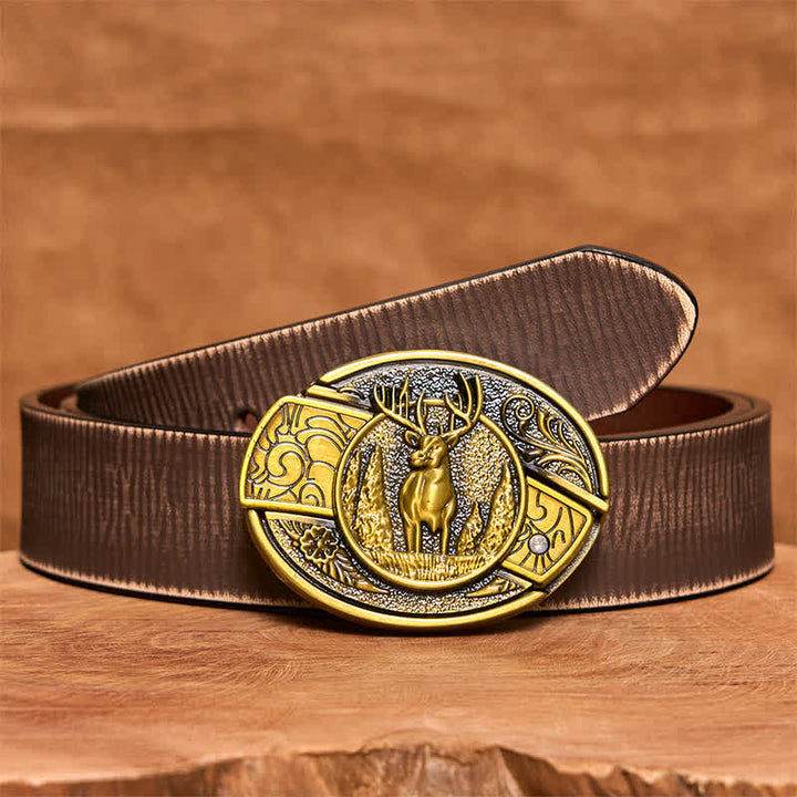 Men's DIY Bronze Forest Deer Hidden Folding Knife Leather Belt - Deer - Brown Distressed Belt - 42 - image 9