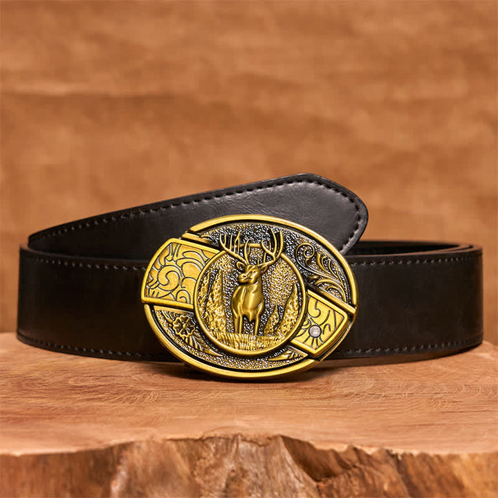 Men's DIY Bronze Forest Deer Hidden Folding Knife Leather Belt - Deer - Black PU Belt - 42 - image 5