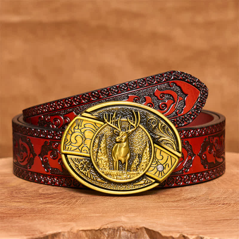 Men's DIY Bronze Forest Deer Hidden Folding Knife Leather Belt - Deer - Brown Carved Belt - 42 - image 7