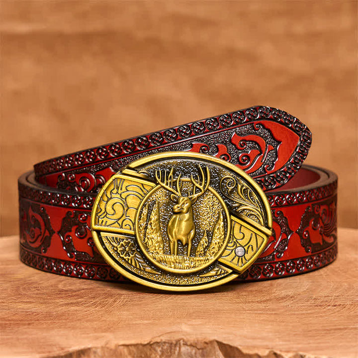 Men's DIY Bronze Forest Deer Hidden Folding Knife Leather Belt - Deer - Brown Carved Belt - 42 - image 7