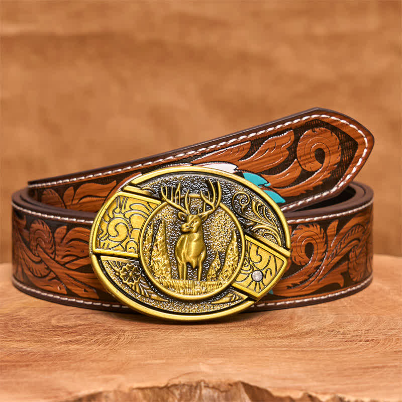 Men's DIY Bronze Forest Deer Hidden Folding Knife Leather Belt - Deer - Brown Feather Belt - 40 - image 9