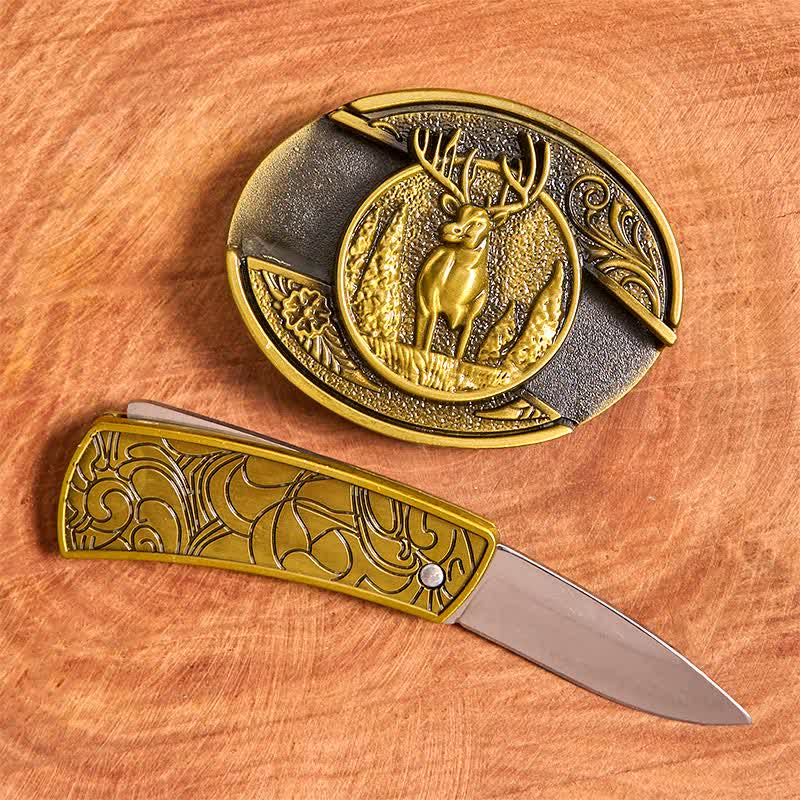 Men's DIY Bronze Forest Deer Hidden Folding Knife Leather Belt - image 1