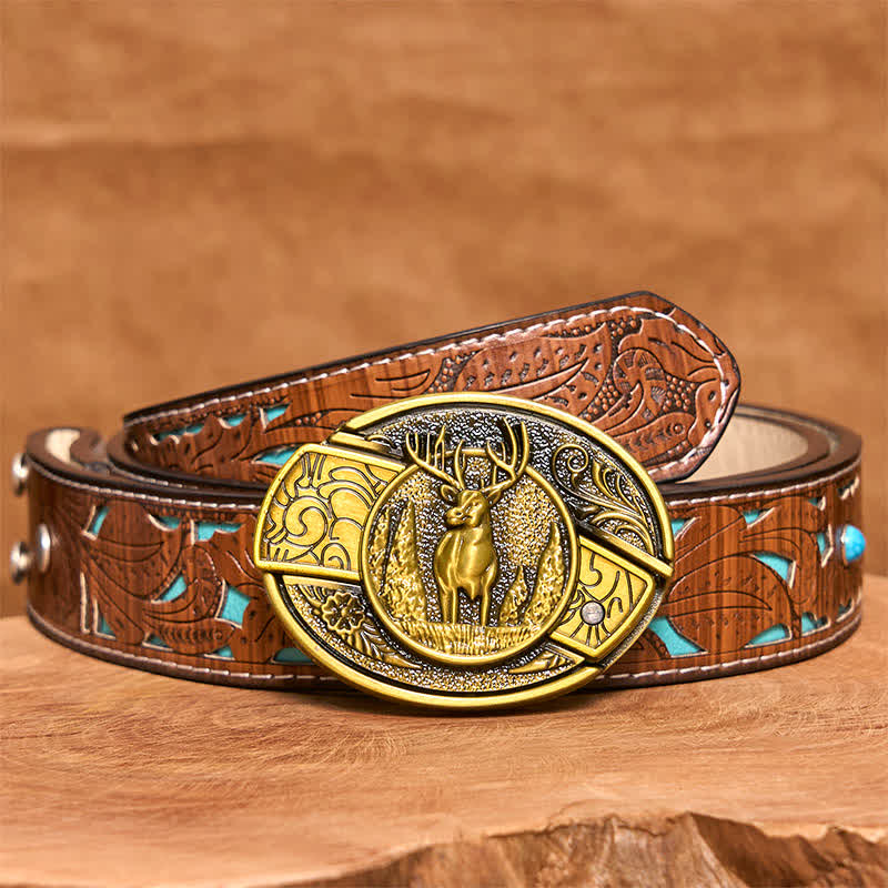 Men's DIY Bronze Forest Deer Hidden Folding Knife Leather Belt - Deer - Turquoise Carved Belt - 42 - image 5