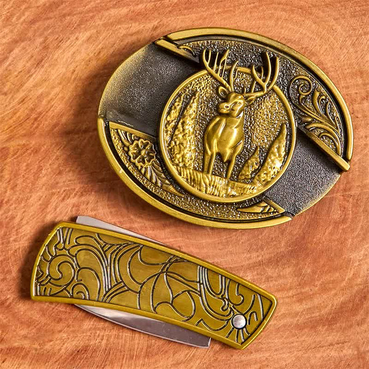 Men's DIY Bronze Forest Deer Hidden Folding Knife Leather Belt - image 3