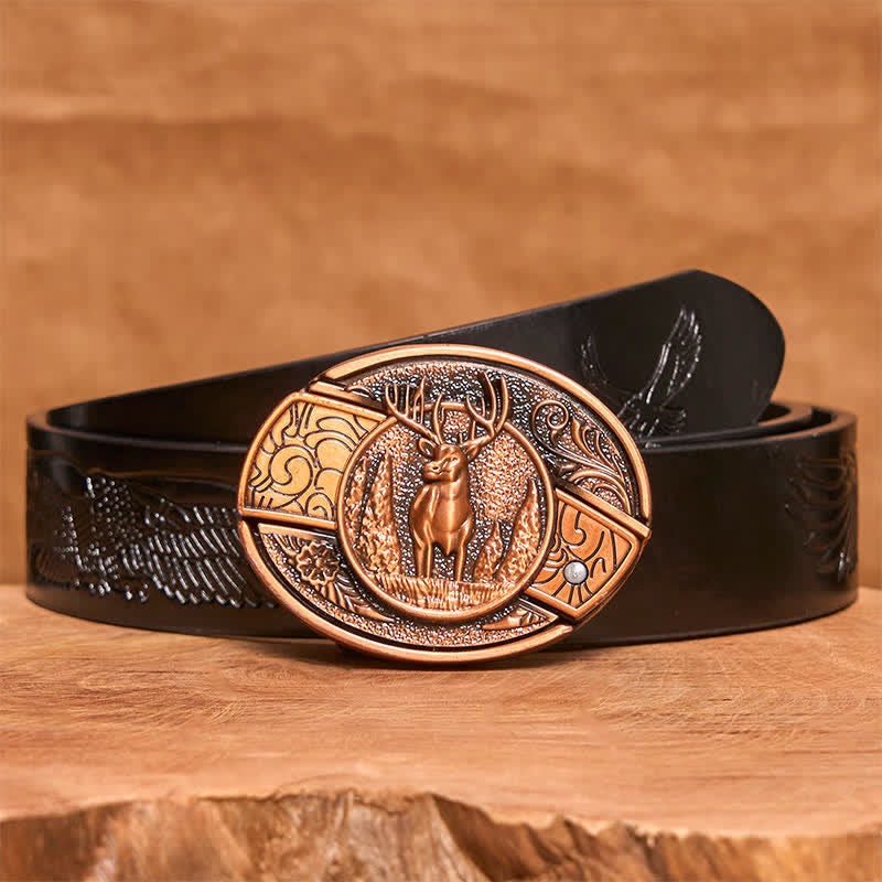 Men's DIY Red Bronze Forest Deer Hidden Folding Knife Leather Belt - Deer - Black Embossed Eagle Belt - 42 - image 7