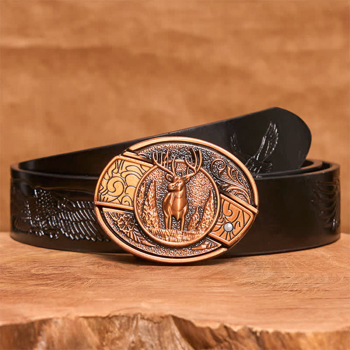 Men's DIY Red Bronze Forest Deer Hidden Folding Knife Leather Belt - Deer - Black Embossed Eagle Belt - 42 - image 7