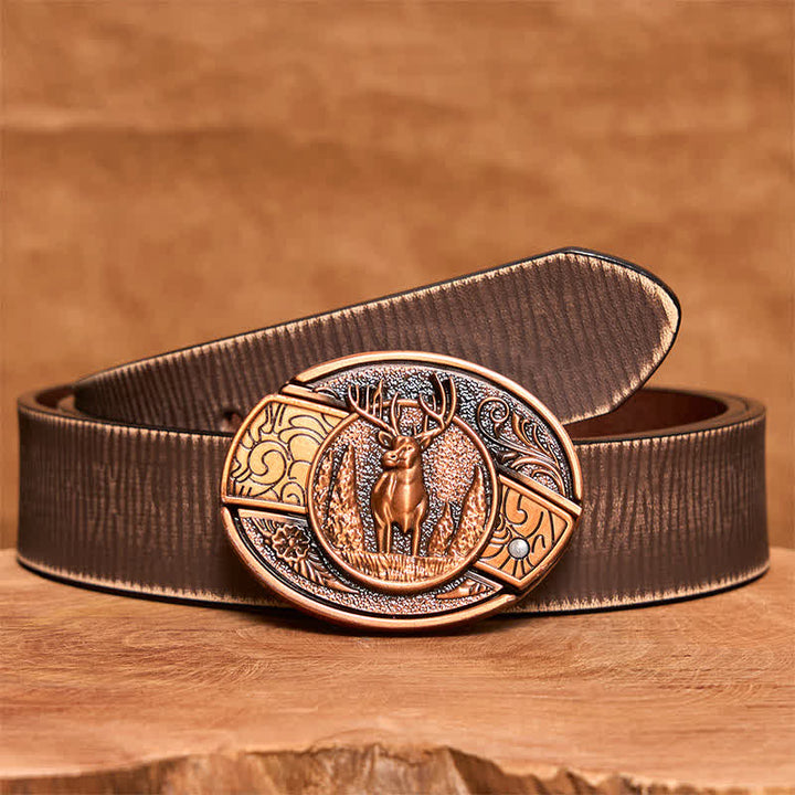 Men's DIY Red Bronze Forest Deer Hidden Folding Knife Leather Belt - Deer - Brown Distressed Belt - 42 - image 9