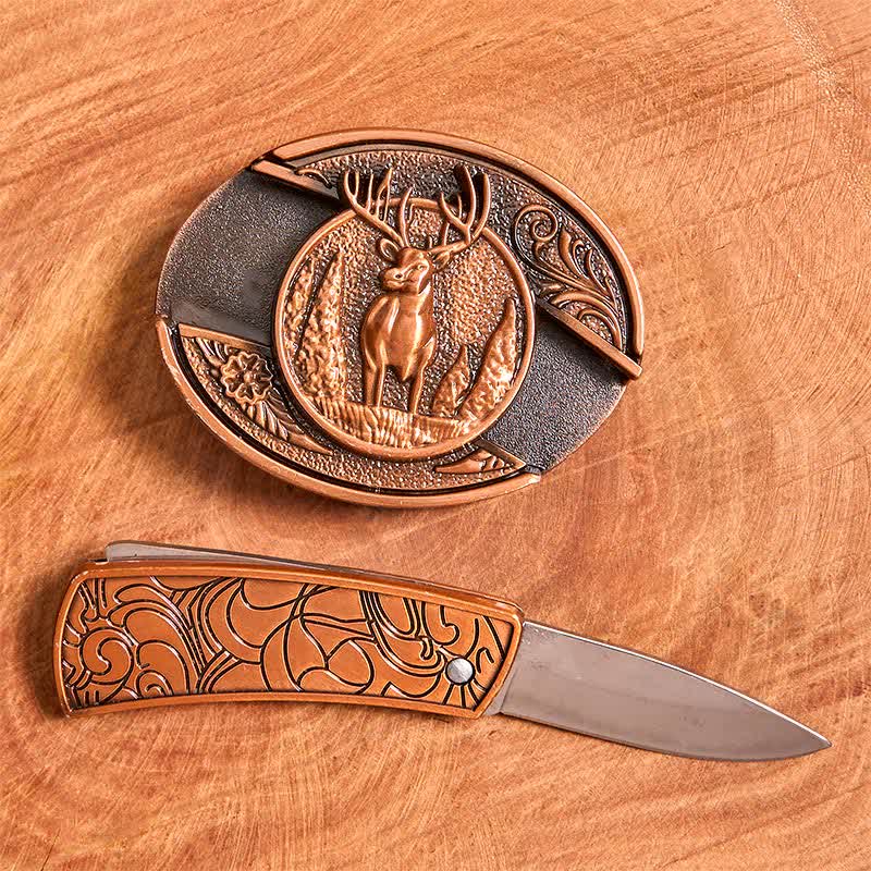 Men's DIY Red Bronze Forest Deer Hidden Folding Knife Leather Belt - image 2