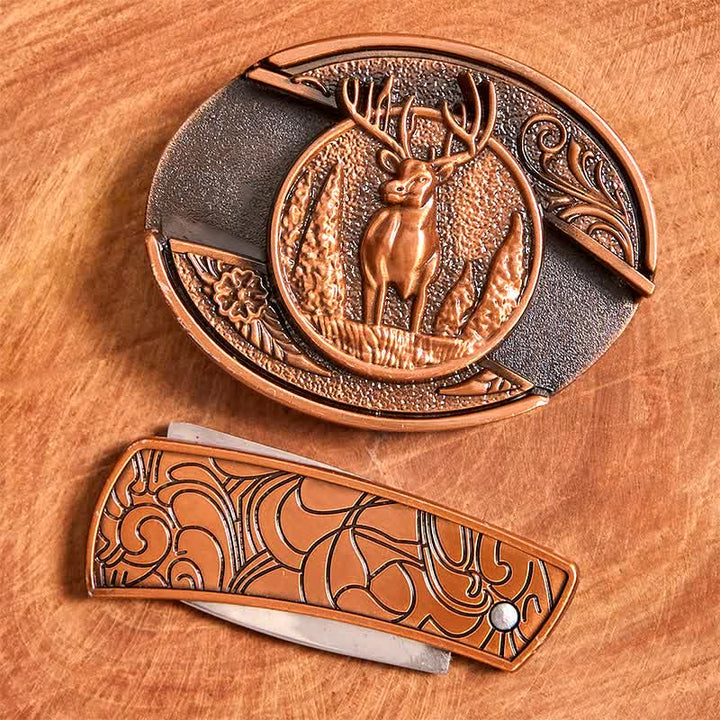 Men's DIY Red Bronze Forest Deer Hidden Folding Knife Leather Belt - image 4