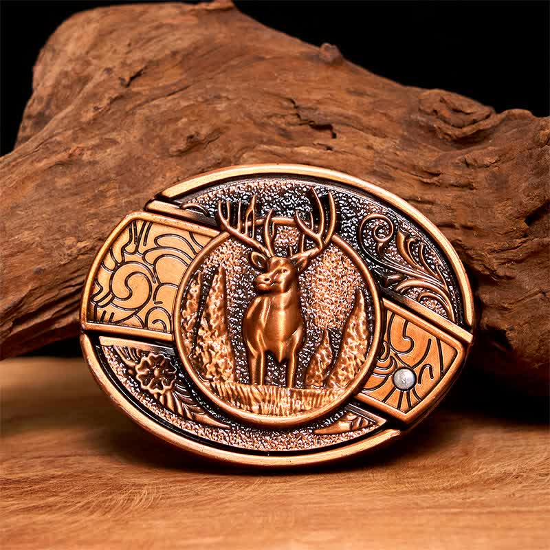 Men's DIY Red Bronze Forest Deer Hidden Folding Knife Leather Belt - Deer - Without Belt - Not Included Belt - image 1