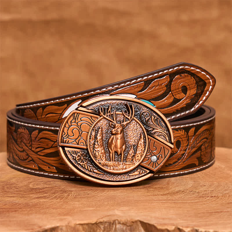 Men's DIY Red Bronze Forest Deer Hidden Folding Knife Leather Belt - Deer - Brown Feather Belt - 40 - image 10