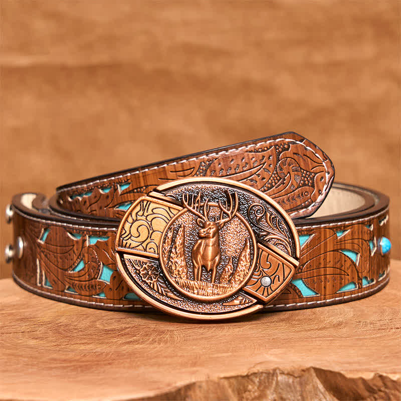 Men's DIY Red Bronze Forest Deer Hidden Folding Knife Leather Belt - Deer - Turquoise Carved Belt - 42 - image 6