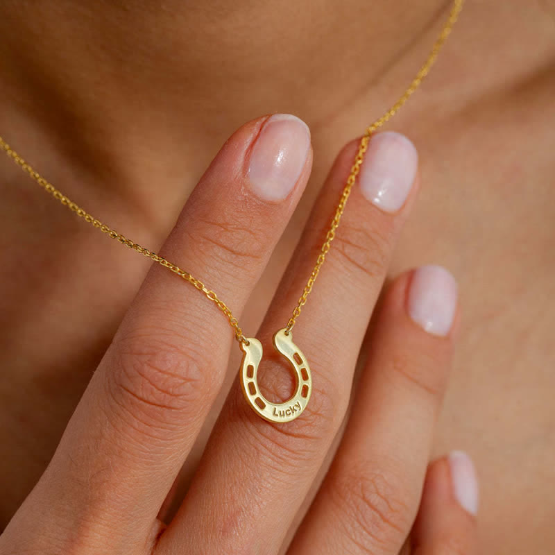 Custom Name Lucky U-Shaped Horseshoe Pendant Necklace - Gold - image 0