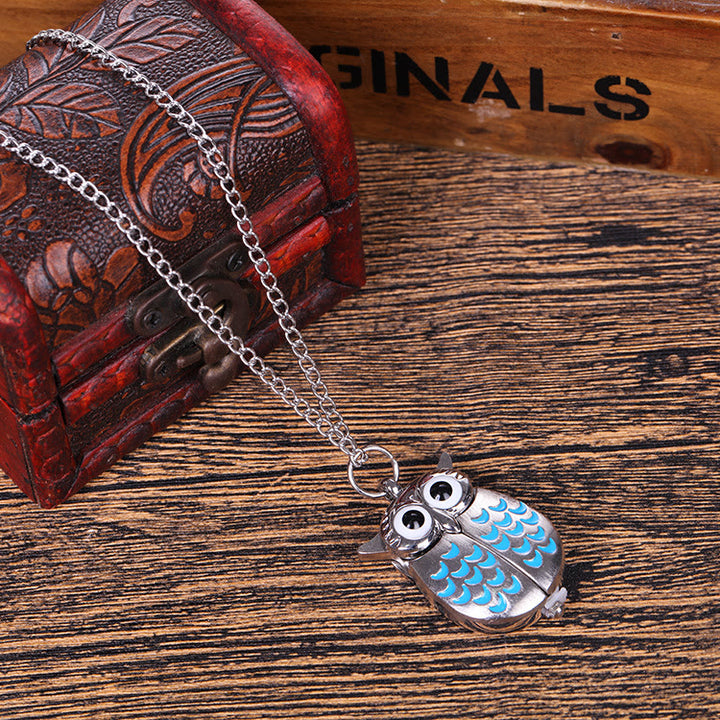 Unisex Cute Owl Retro Quartz Pocket Watch Long Chain - Blue - image 5