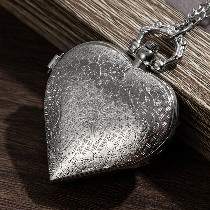 Silver Retro Couple Heart-shaped Hollow Carved Pocket Watch - image 4