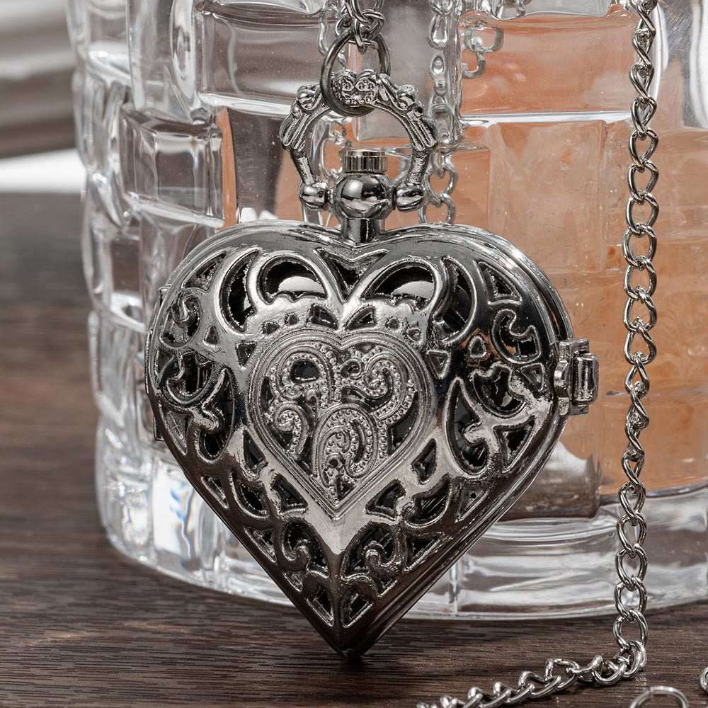 Silver Retro Couple Heart-shaped Hollow Carved Pocket Watch - image 0