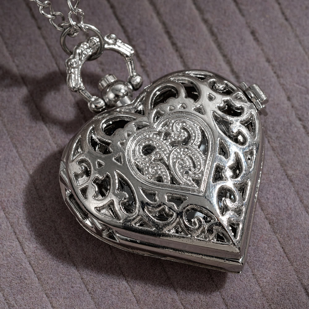 Silver Retro Couple Heart-shaped Hollow Carved Pocket Watch - Silver - image 1